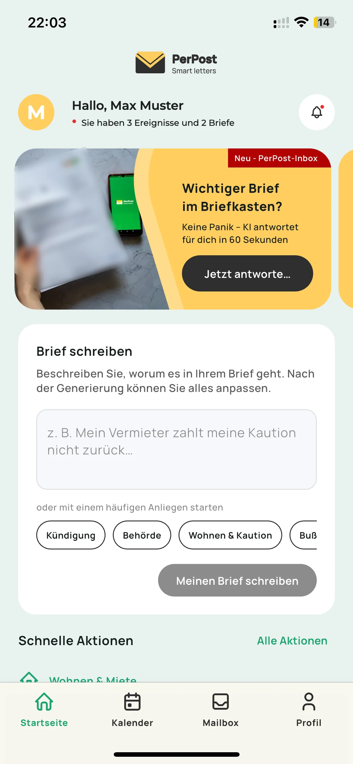 PerPost App: Startseite mit Eingabefeld „Brief schreiben“ und häufigen Anliegen